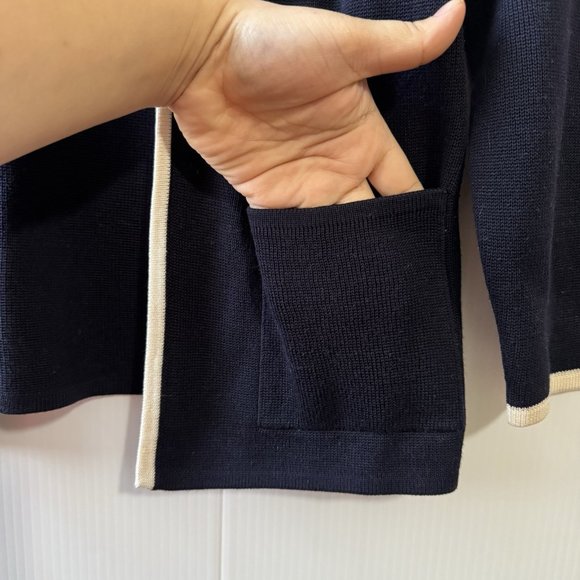 Talbots 100% Silk Open Front Cardigan Navy W/ivory Trim Women's Size P - Picture 8 of 16